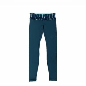 LULULEMON Wunder Under Leggings - Deep Teal Patterned Waistband Size [8].